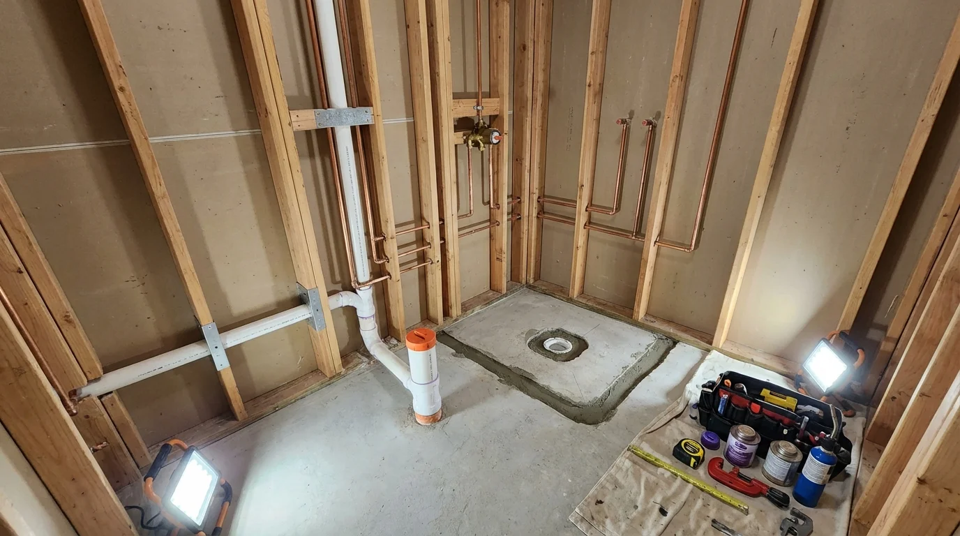 Bathroom rough-in plumbing during remodel by Johns Plumbing LLC in Orland