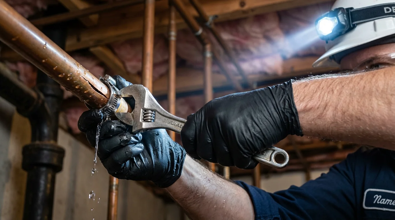 Emergency pipe clamp repair being performed by a Johns Plumbing LLC plumber in Orland