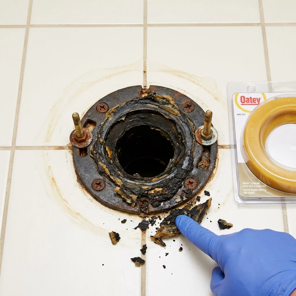 Failed wax ring showing water seepage at the base of a toilet in a Orland, ME home
