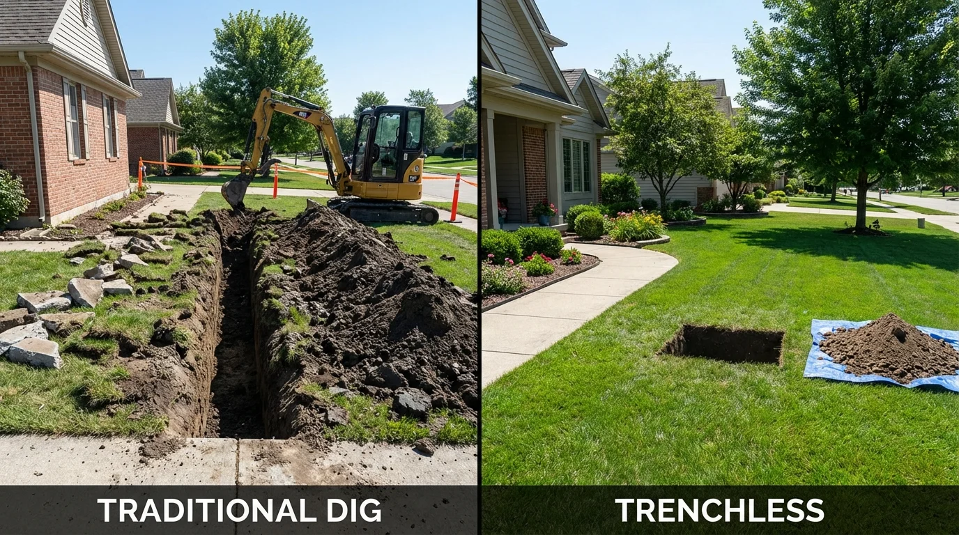 Trenchless sewer repair with minimal yard damage versus traditional excavation in Orland, ME