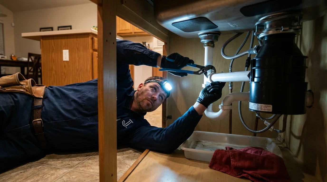 P-trap and supply line connections under a kitchen sink showing a common leak point in Orland, ME